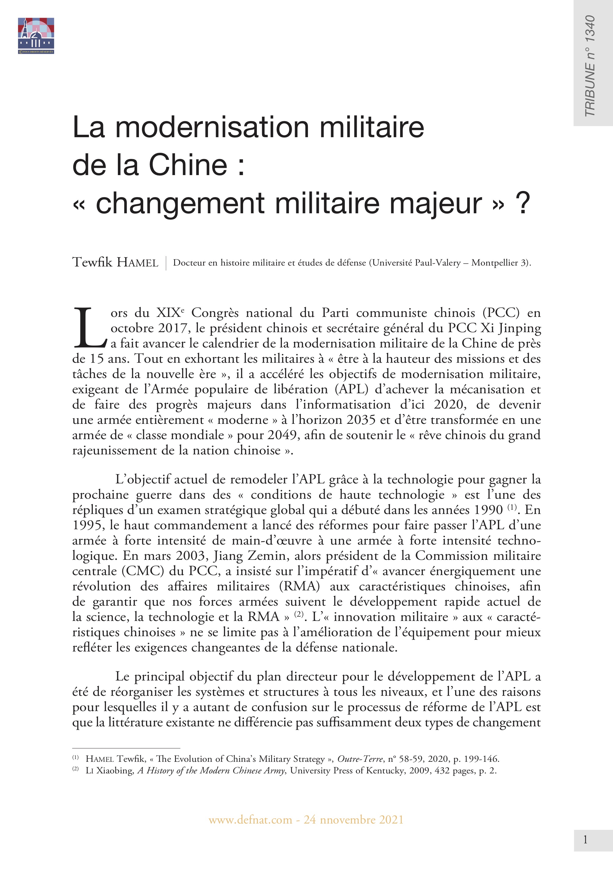 La modernisation militaire de la Chine : « changement militaire majeur » ? (T 1340)
